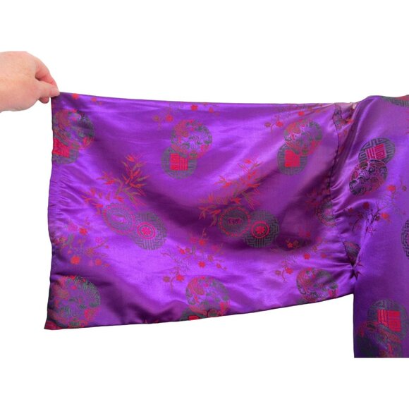 Asian Inspired Tie Front Kimono Robe Purple Red Green Brocade Damask Damage L XL - Picture 15 of 16
